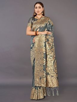 Akhilam - Womens Cotton Silk Grey Woven Design Saree with Unstitched Blouse