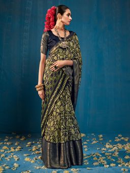 Akhilam - Womens Cotton Blend Olive Printed Designer Saree with Unstitched Blouse