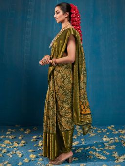 Akhilam - Womens Cotton Blend Olive Printed Designer Saree with Unstitched Blouse