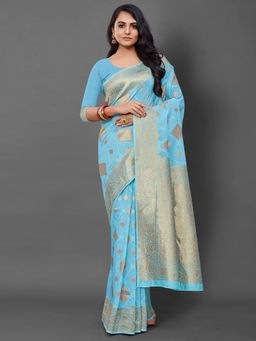 Akhilam - Womens Cotton Blend Blue Woven Design Saree with Unstitched Blouse