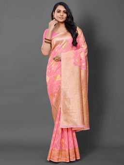 Akhilam - Womens Cotton Blend Pink Woven Design Saree with Unstitched Blouse