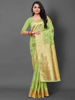 Akhilam - Womens Cotton Blend Green Woven Design Saree with Unstitched Blouse