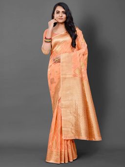 Akhilam - Womens Cotton Blend Peach Woven Design Saree with Unstitched Blouse