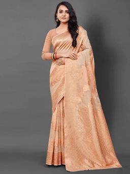Akhilam - Womens Cotton Blend Peach Woven Design Saree with Unstitched Blouse