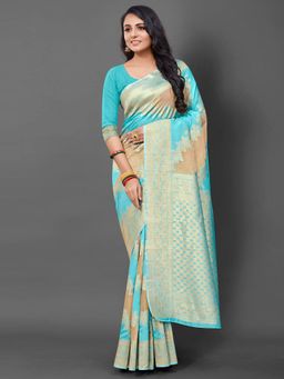 Akhilam - Womens Cotton Blend Blue Woven Design Saree with Unstitched Blouse
