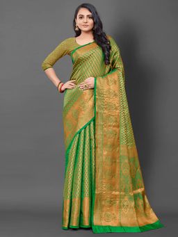 Akhilam - Womens Silk Blend Green Woven Design Saree with Unstitched Blouse