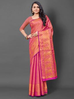 Akhilam - Womens Silk Blend Pink Woven Design Saree with Unstitched Blouse