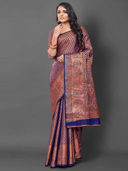 Akhilam - Womens Silk Blend Navy Blue Woven Design Saree with Unstitched Blouse