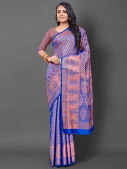Akhilam - Womens Silk Blend Blue Woven Design Saree with Unstitched Blouse