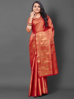 Akhilam - Womens Silk Blend Red Woven Design Saree with Unstitched Blouse
