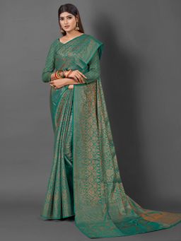 Akhilam - Womens Silk Blend Teal Woven Design Saree with Unstitched Blouse