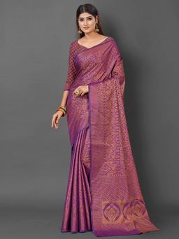 Akhilam - Womens Silk Blend Purple Woven Design Saree with Unstitched Blouse