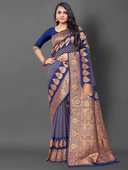 Akhilam - Womens Silk Blend Navy Blue Woven Design Saree with Unstitched Blouse