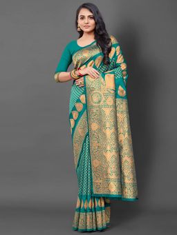 Akhilam - Womens Silk Blend Teal Blue Woven Design Saree with Unstitched Blouse