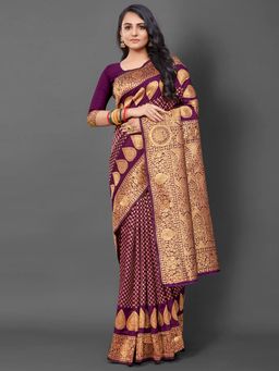 Akhilam - Womens Silk Blend Purple Woven Design Saree with Unstitched Blouse