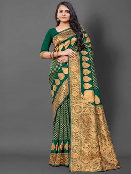 Akhilam - Womens Silk Blend Green Woven Design Saree with Unstitched Blouse
