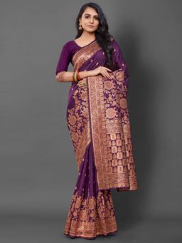 Akhilam - Womens Silk Blend Purple Woven Design Saree with Unstitched Blouse