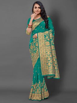 Akhilam - Womens Silk Blend Teal Blue Woven Design Saree with Unstitched Blouse