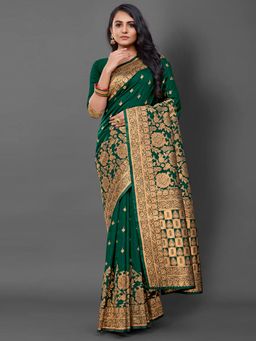Akhilam - Womens Silk Blend Green Woven Design Saree with Unstitched Blouse