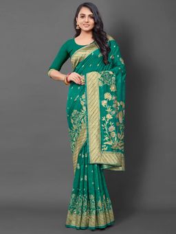 Akhilam - Womens Silk Blend Teal Green Woven Design Saree with Unstitched Blouse