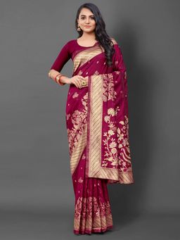Akhilam - Womens Silk Blend Magenta Woven Design Saree with Unstitched Blouse
