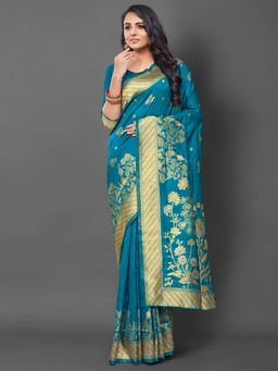 Akhilam - Womens Silk Blend Blue Woven Design Saree with Unstitched Blouse
