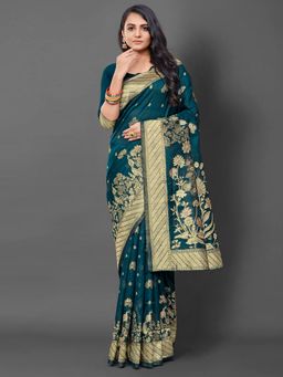 Akhilam - Womens Silk Blend Teal Blue Woven Design Saree with Unstitched Blouse