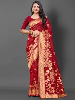 Akhilam - Womens Silk Blend Maroon Woven Design Saree with Unstitched Blouse