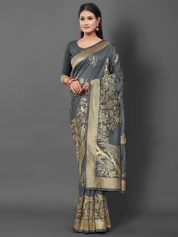 Akhilam - Womens Cotton Silk Grey Woven Design Saree with Unstitched Blouse