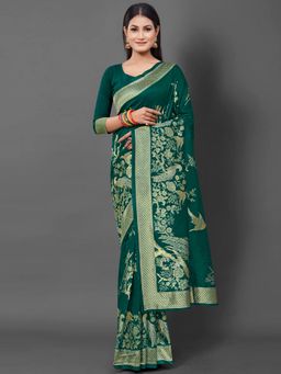 Akhilam - Womens Cotton Silk Teal Green Woven Design Saree with Unstitched Blouse