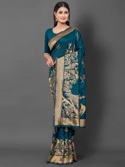Akhilam - Womens Cotton Silk Teal Woven Design Saree with Unstitched Blouse