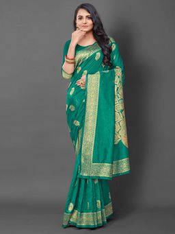 Akhilam - Womens Silk Blend Teal Green Woven Design Saree with Unstitched Blouse