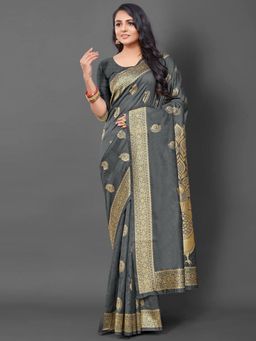 Akhilam - Womens Silk Blend Grey Woven Design Saree with Unstitched Blouse