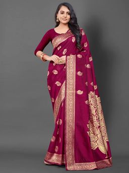 Akhilam - Womens Silk Blend Magenta Woven Design Saree with Unstitched Blouse