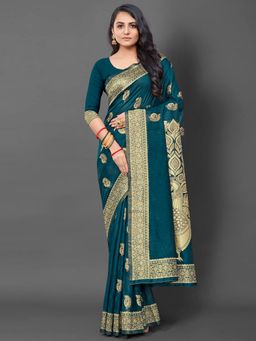 Akhilam - Womens Silk Blend Teal Woven Design Saree with Unstitched Blouse