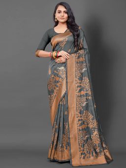 Akhilam - Womens Silk Blend Grey Woven Design Saree with Unstitched Blouse