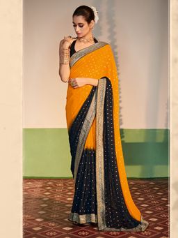 Akhilam - Womens Georgette Yellow Printed Designer Saree with Unstitched Blouse