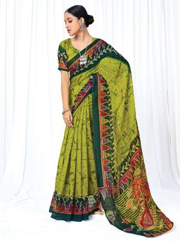 Akhilam - Womens Cotton Blend Lime Green Printed Designer Saree with Unstitched Blouse