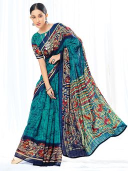 Akhilam - Womens Cotton Blend Teal blue Printed Designer Saree with Unstitched Blouse