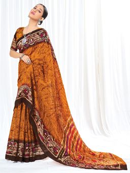 Akhilam - Womens Cotton Blend Mustard Printed Designer Saree with Unstitched Blouse