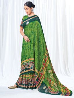 Akhilam - Womens Cotton Blend Green Printed Designer Saree with Unstitched Blouse