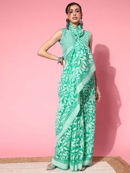 Akhilam - Womens Brasso Green Printed Designer Saree with Unstitched Blouse