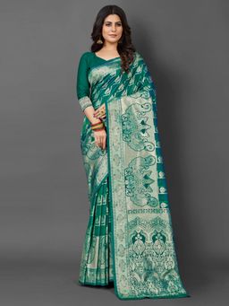 Akhilam - Womens Silk Blend Teal Woven Design Saree with Unstitched Blouse