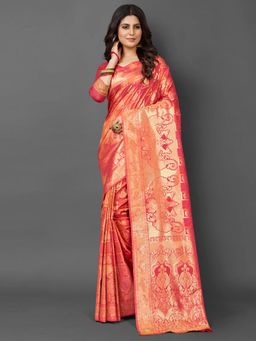 Akhilam - Womens Silk Blend Peach Woven Design Saree with Unstitched Blouse
