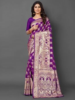 Akhilam - Womens Silk Blend Purple Woven Design Saree with Unstitched Blouse