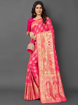 Akhilam - Womens Silk Blend Pink Woven Design Saree with Unstitched Blouse
