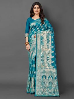 Akhilam - Womens Silk Blend Blue Woven Design Saree with Unstitched Blouse
