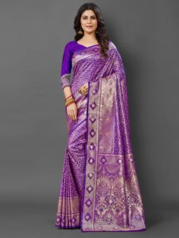 Akhilam - Womens Silk Blend Purple Woven Design Saree with Unstitched Blouse