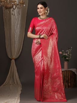 Akhilam - Womens Silk Blend Red Woven Design Saree with Unstitched Blouse