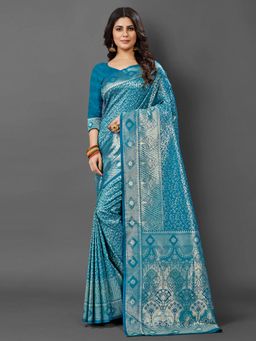 Akhilam - Womens Silk Blend Blue Woven Design Saree with Unstitched Blouse